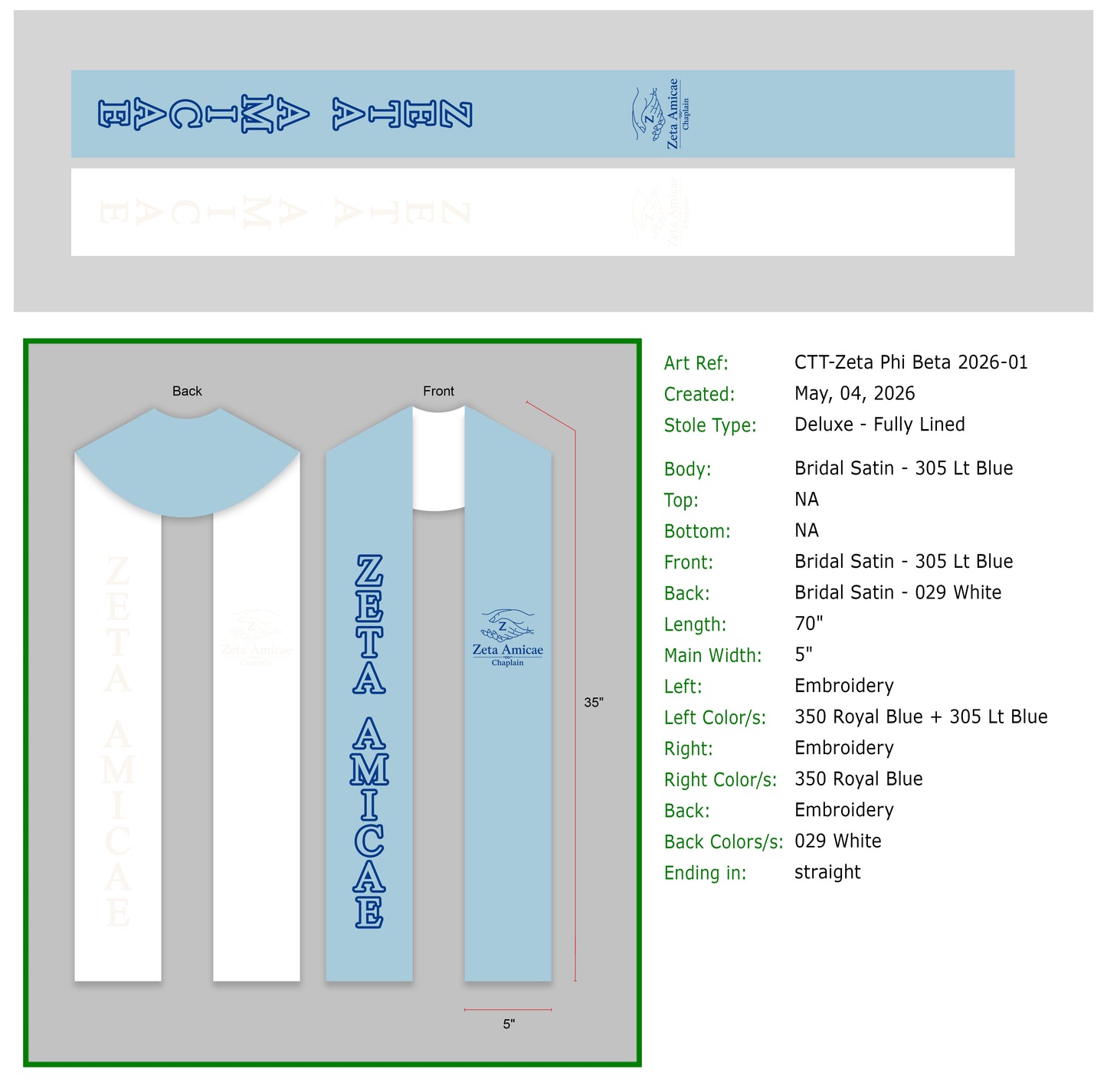 Custom graduation stole Zeta Amicae