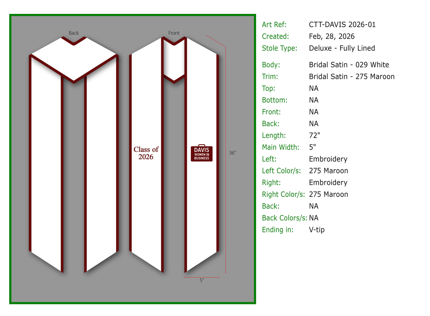 Davis Custom Stole Order 3.17